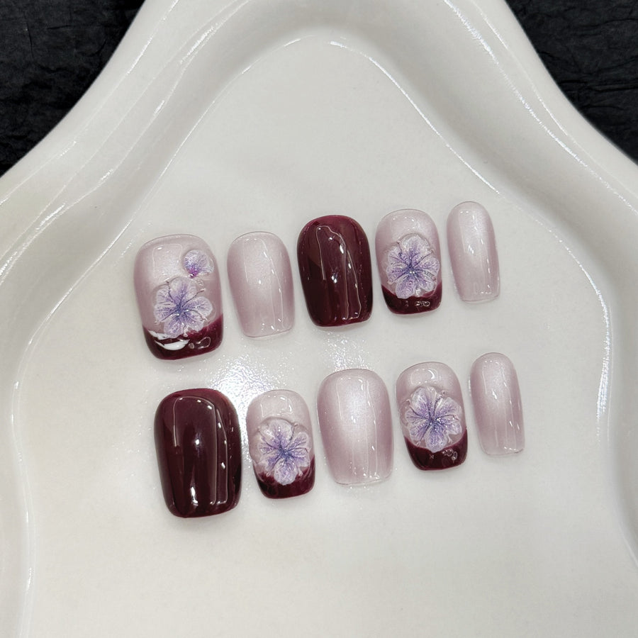 365nails: "Midnight Bloom" – Hand-Painted Floral Gradient Handmade Medium Square Nails