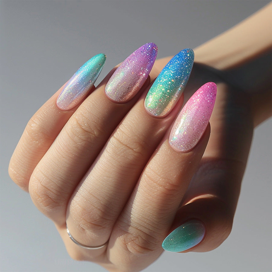 Colorful gradual change wearing nail sequins fake nails pearlescent cat eye nail art   nail patch wholesale｜365nails