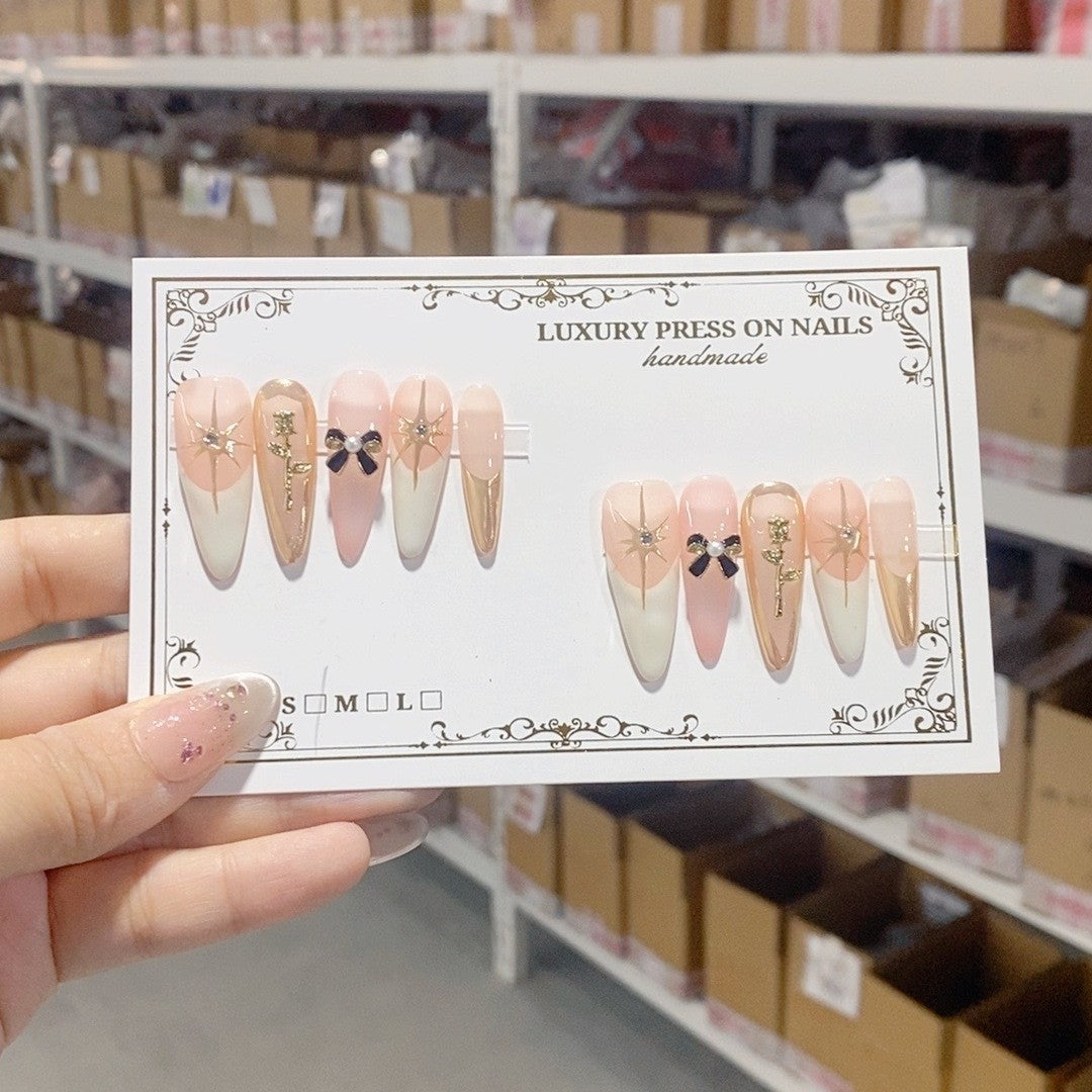 365nails-Golden Elegance: "Rose Bow Star" – Almond Shape Handmade Painted Press-On Nails