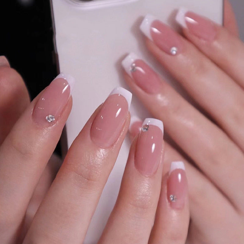 白色法式 短款芭蕾形 水鑽 甲片 批發｜365nails