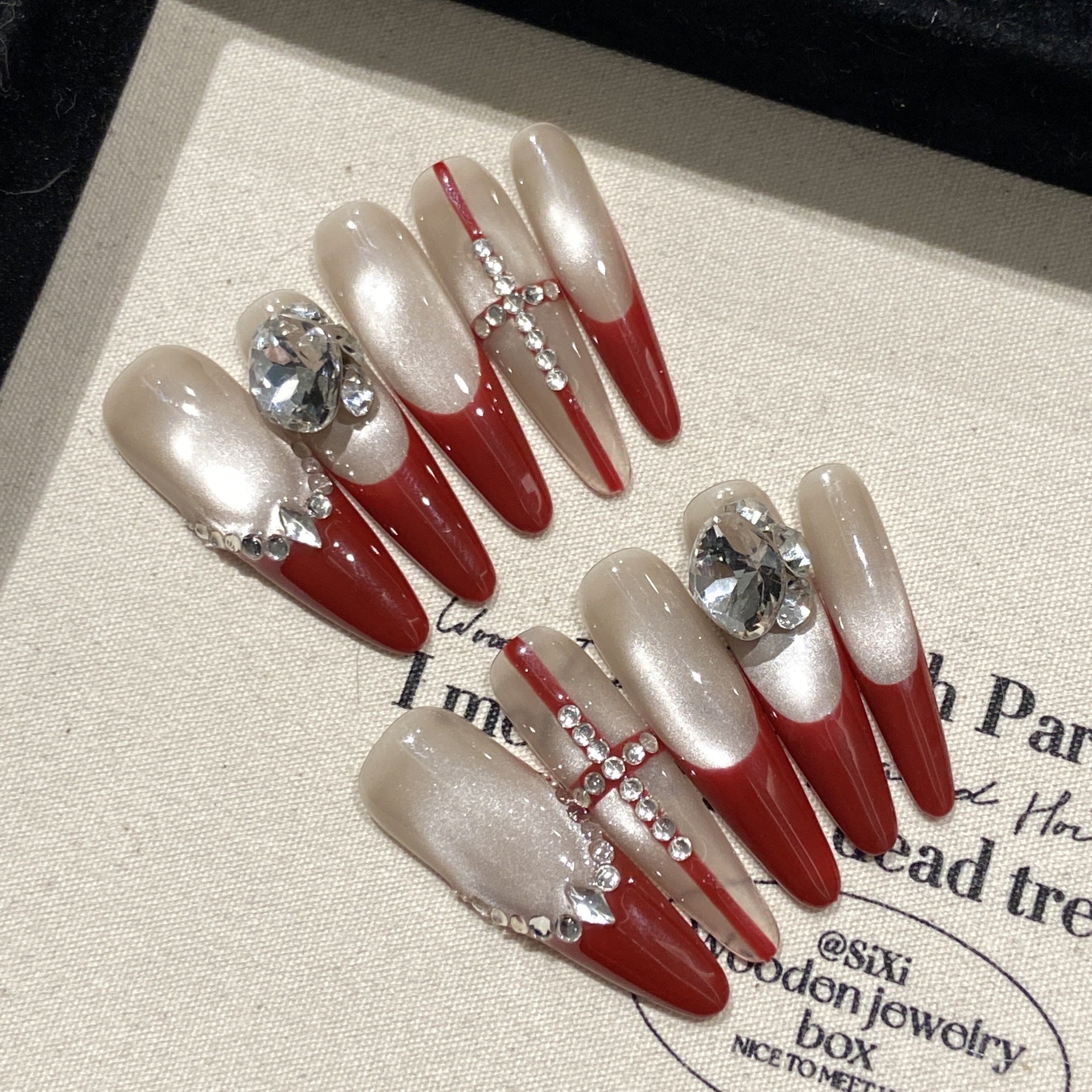 365nails: "Crimson Royalty" – 3D Diamond French Handmade Stiletto Nails