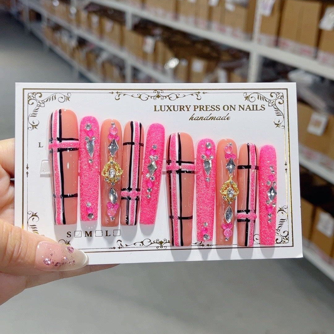 Pink Nude Crystal Stripe Glam Press On Nails
