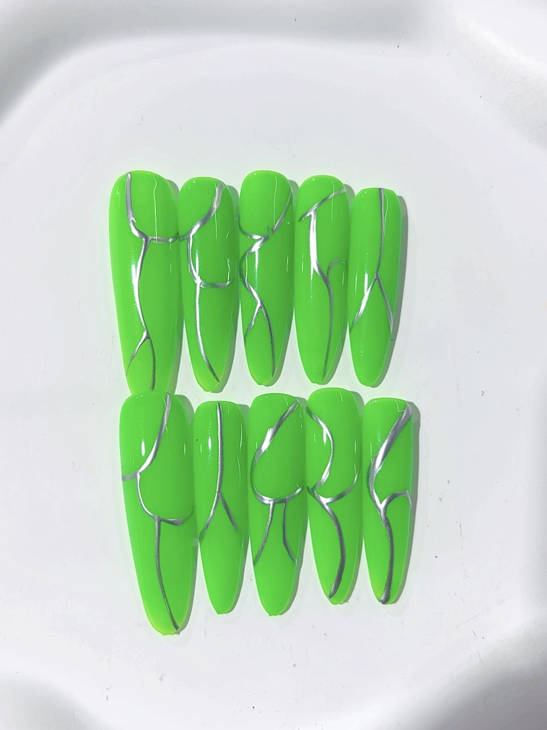 Neon Green Metallic Line Minimal Press On Nails