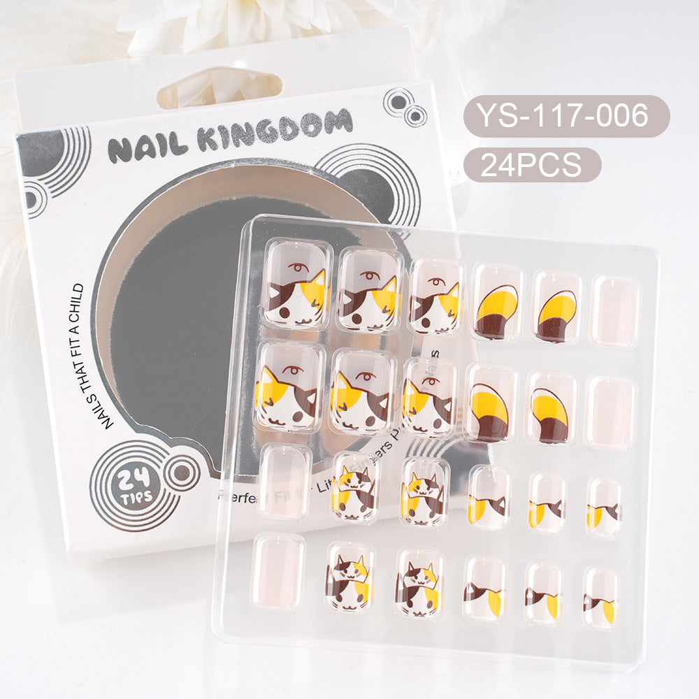 Children press on nails, cartoon 24-piece boxed finished product, sweet and cute children's removable fake nail patch manicure