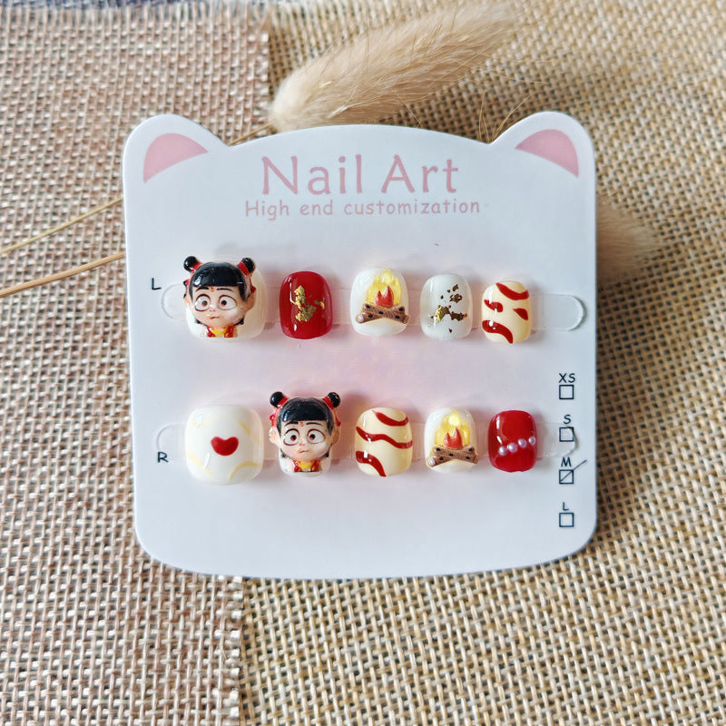 365nails: "mythical nezha" – short round handmade kids press-on nails