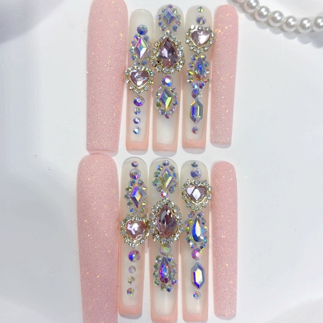 Pink Glitter Butterfly Crystal Press On Nails