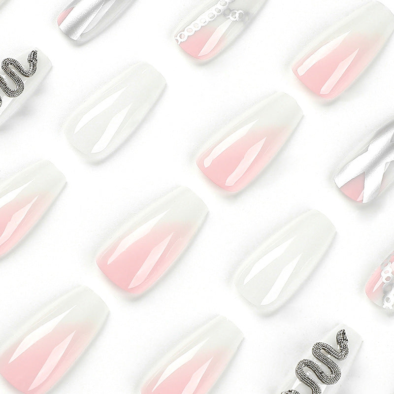 Armadura de pressão atacado mancha rosa corrente de chama prateada tridimensional em forma de cobra strass armadura de pressão unhas acabadas pedaço de unhas｜365nails