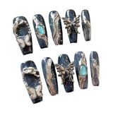 Uñas postizas hechas a mano con diseño de viento de metal líquido de Zhuang Zhou Mengdie, diseño de Spice Girl, con parches largos, venta al por mayor | 365nails