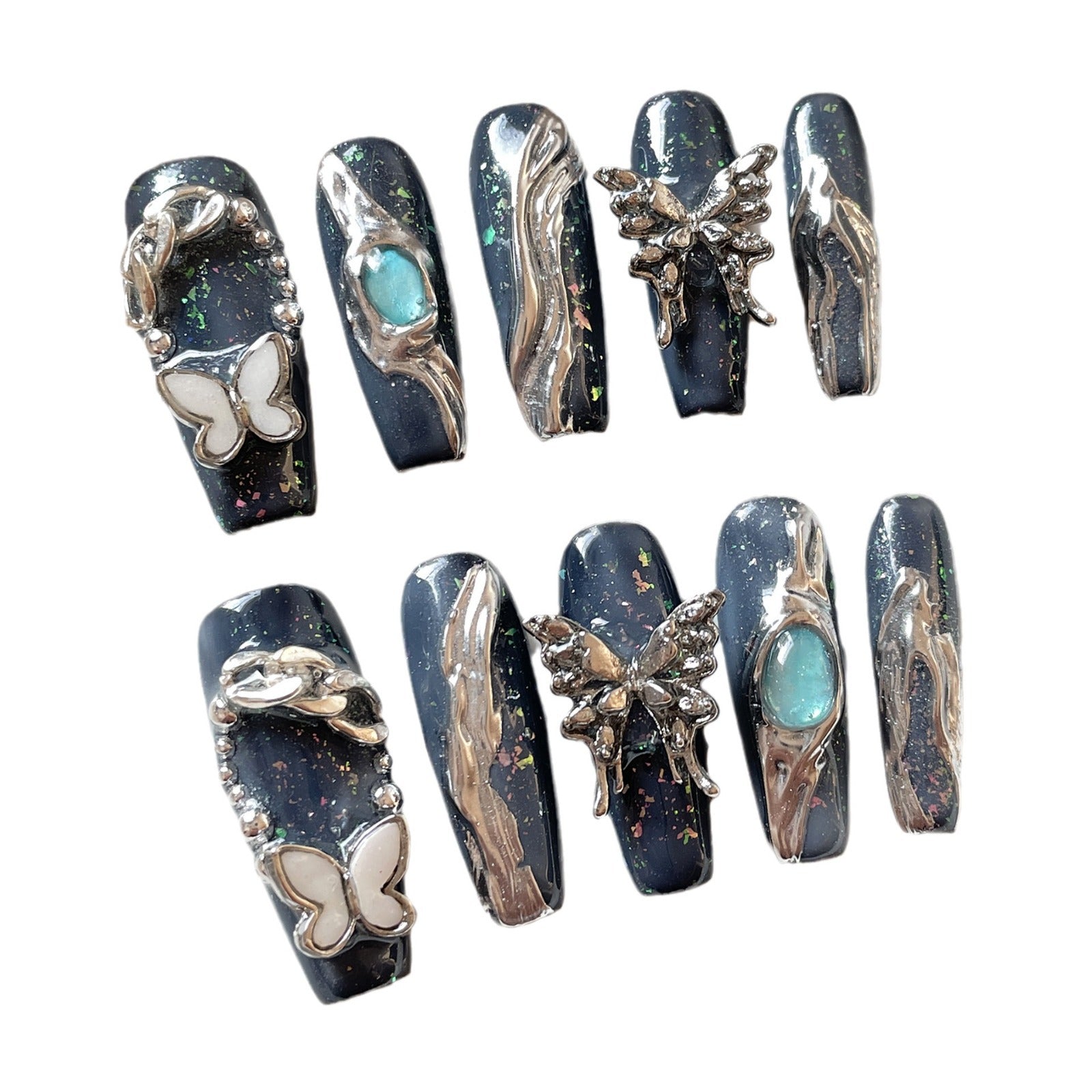 Uñas postizas hechas a mano con diseño de viento de metal líquido de Zhuang Zhou Mengdie, diseño de Spice Girl, con parches largos, venta al por mayor | 365nails