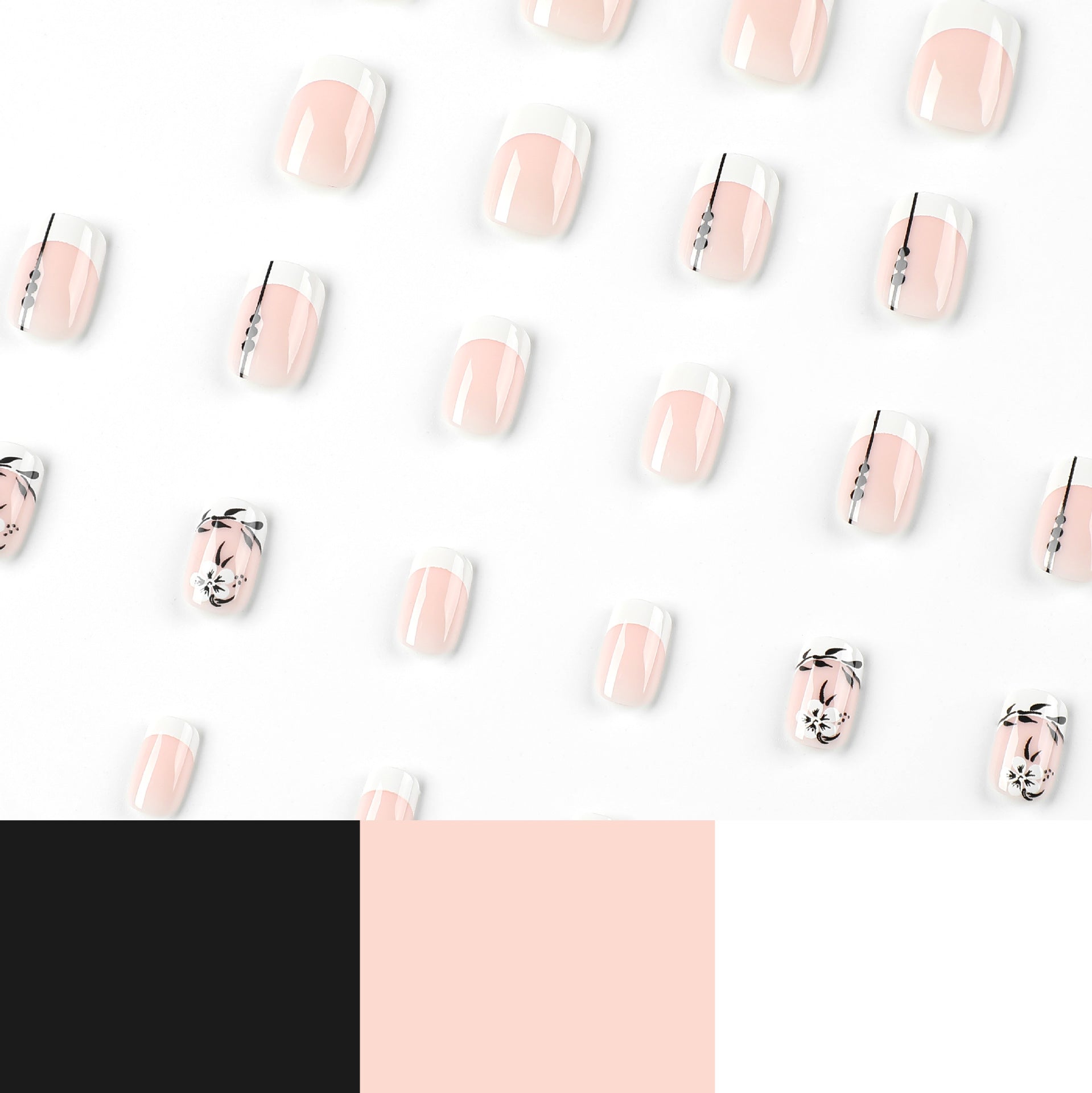 盔甲風 白色法式 花朵與黑色葉片 短款穿戴甲 批發｜365nails