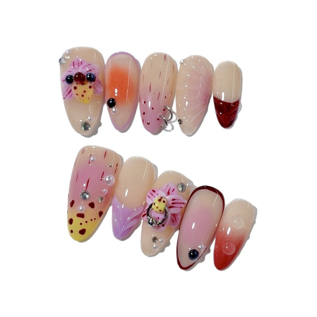 365nails: "Tropical Orchid Gradient" – Medium Almond Floral Fruit Handmade Press-On Nails