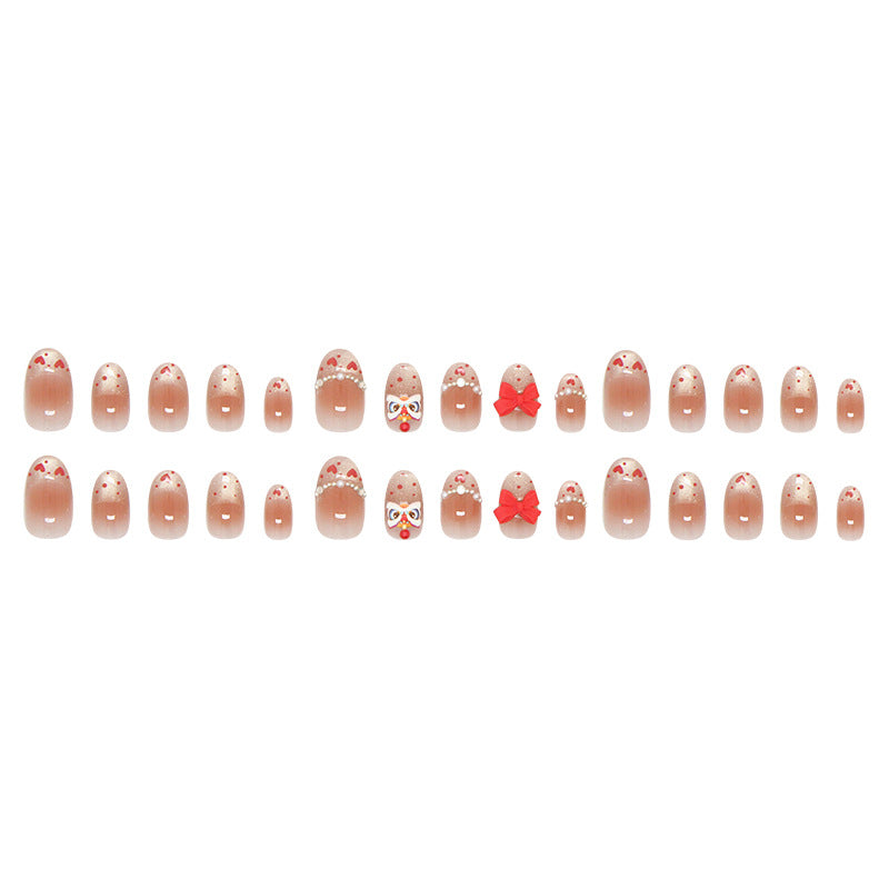 Champagne cat eye French blush bow lion dance pearl flash diamond   removable manicure 30 pieces｜365nails