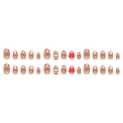 Champagne cat eye French blush bow lion dance pearl flash diamond   removable manicure 30 pieces｜365nails