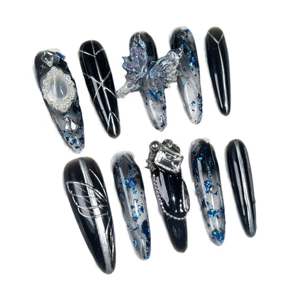 Handmade press on nails Dark Night Butterfly Mysterious Atmosphere Shattered Creative Hand-painted Nail Art Finished Patch｜365nails