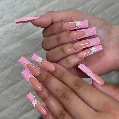 Wholesale of finished nail pads Wearing armor, French pink glitter, small flowers and small gold beads, nail pads with fake nails｜365nails