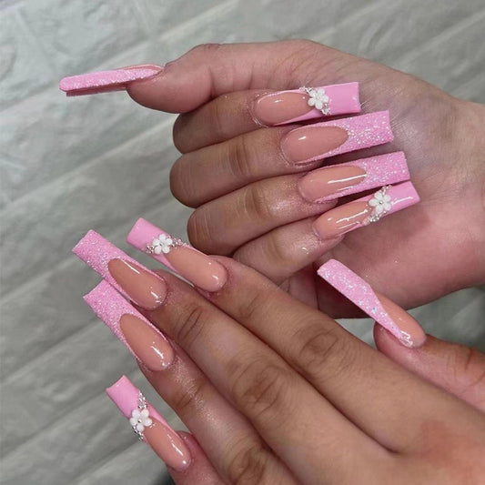 Wholesale of finished nail pads Wearing armor, French pink glitter, small flowers and small gold beads, nail pads with fake nails｜365nails