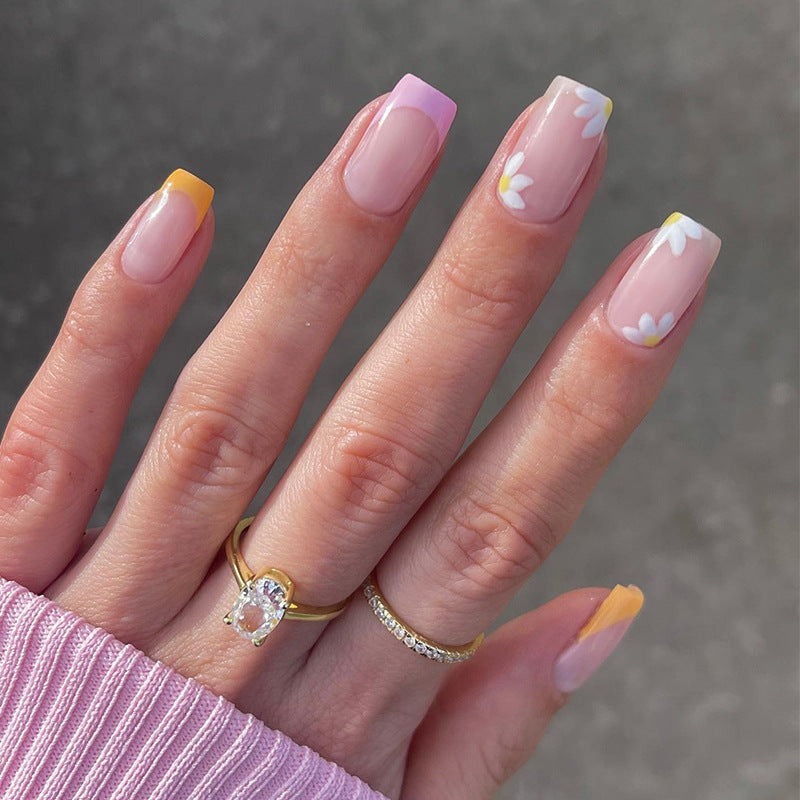 穿戴甲｜法式黃紫色邊緣花朵 可拆卸甲片 批發｜365nails