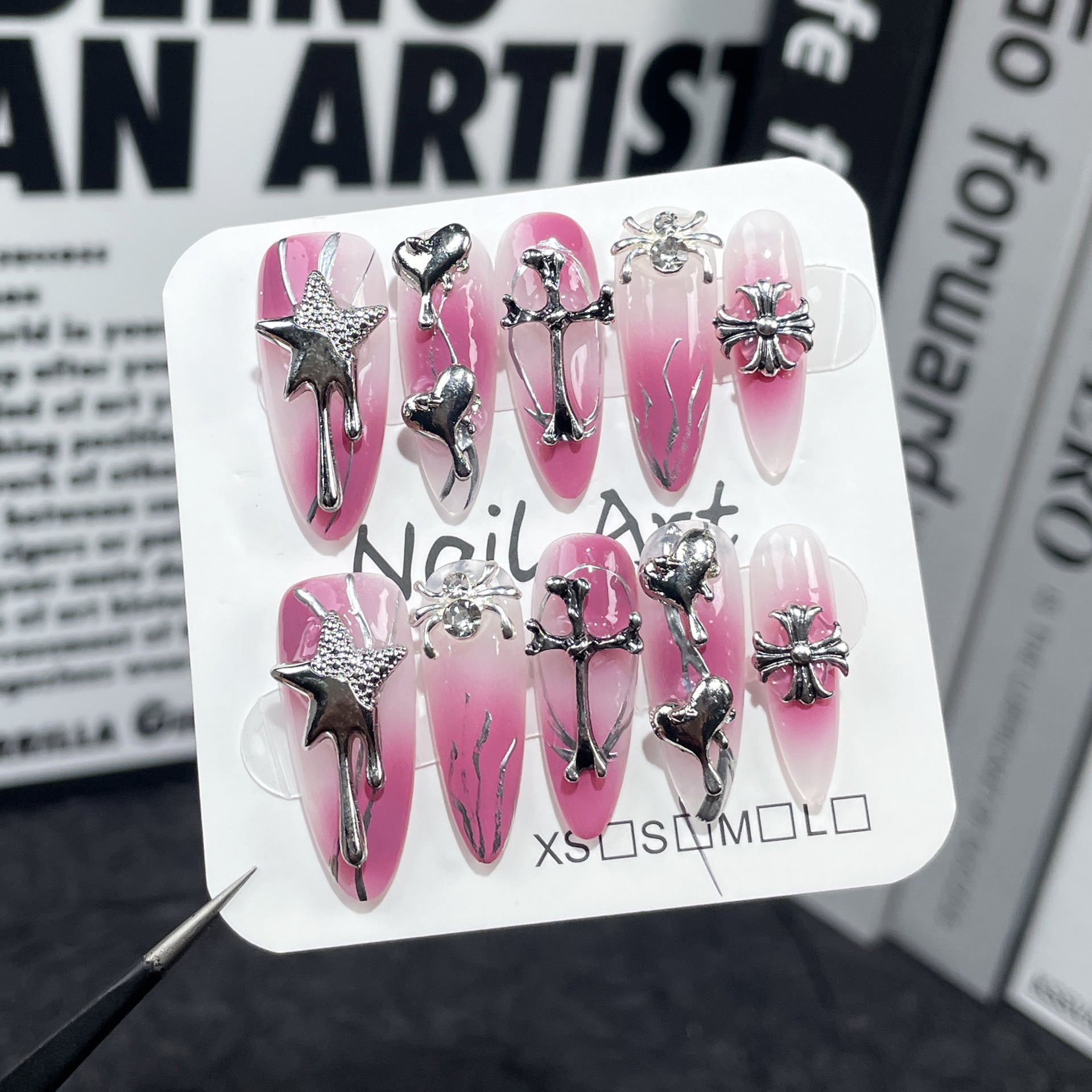 Pink Gradient Nails with Metallic Gothic Charms