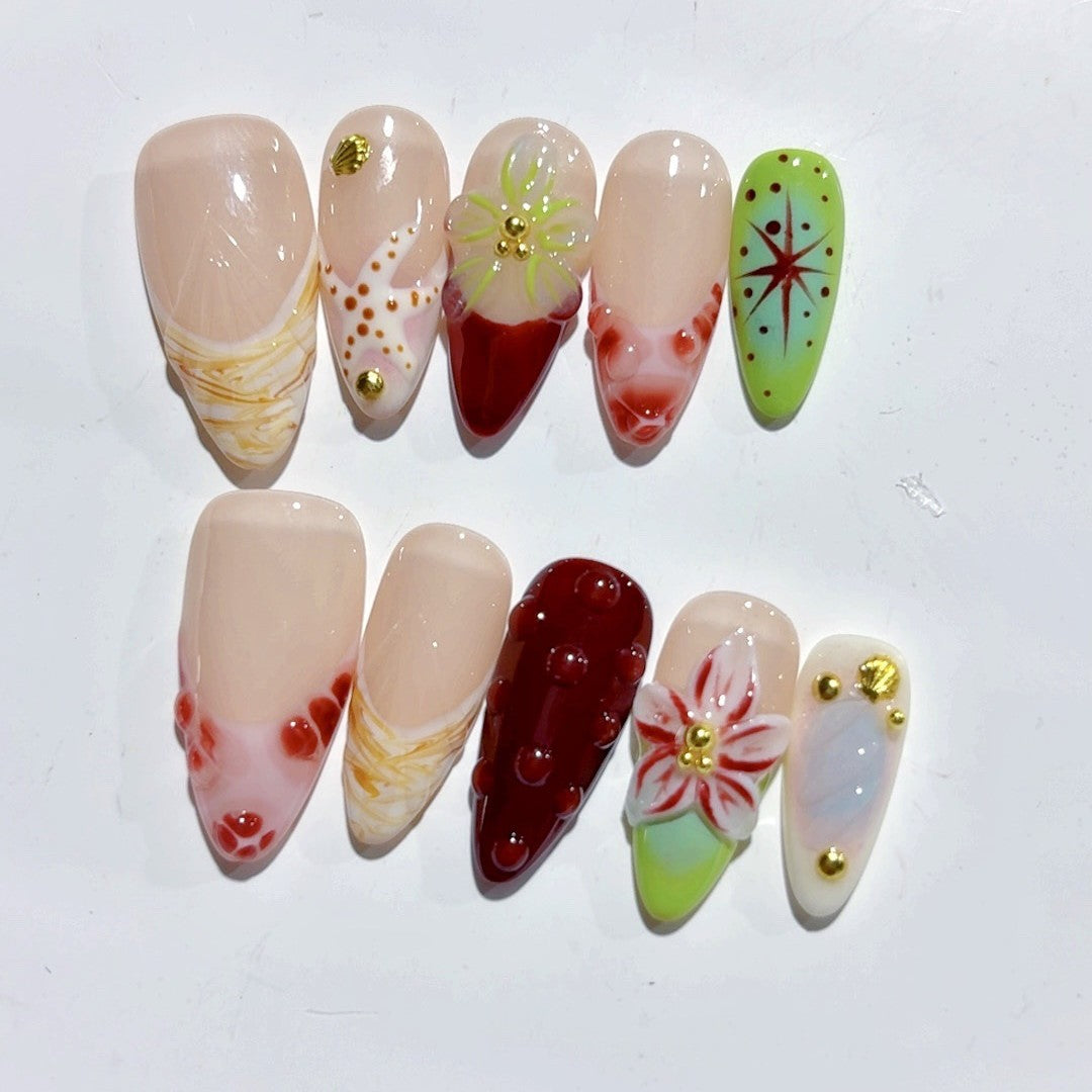 365nails: "Beach Star & Floral" – Unhas Postiças Artesanais Amêndoa Média Florais Marinhas