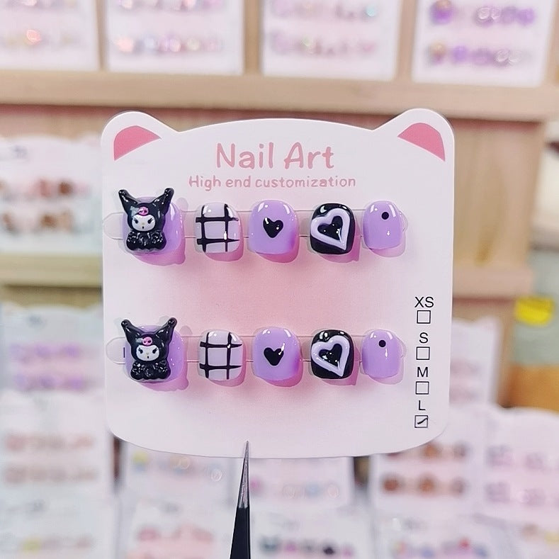 Kulomie Purple Cute Kids Press On Nails with Heart Grid
