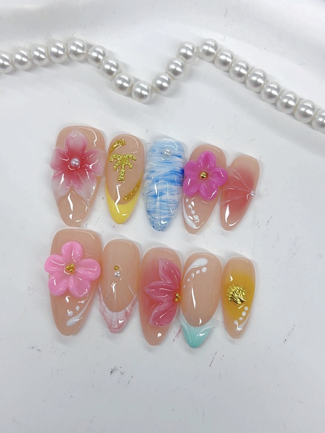 Tropical Bloom: "Beachside Floral Escape" – Almond Press-On Nails