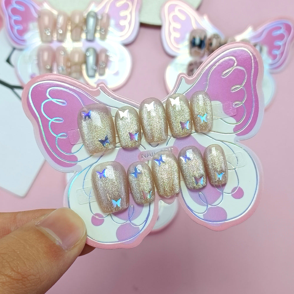 10 cat-eye girl children's manicures, laser butterfly nail stickers for children aged 10-18 wearing armor