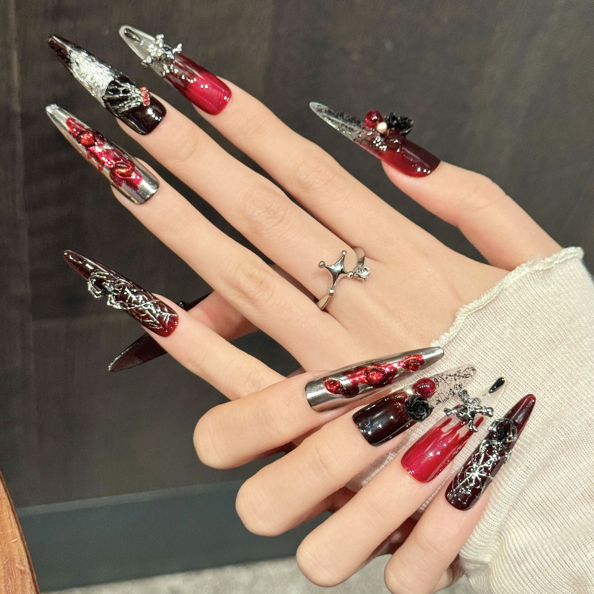 365nails: "Crimson Thorn" – 3D Rose & Spiderweb Handmade Long Stiletto Nails