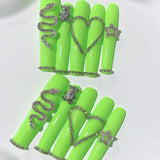 Neon Green Crystal Heart Statement Press On Nails