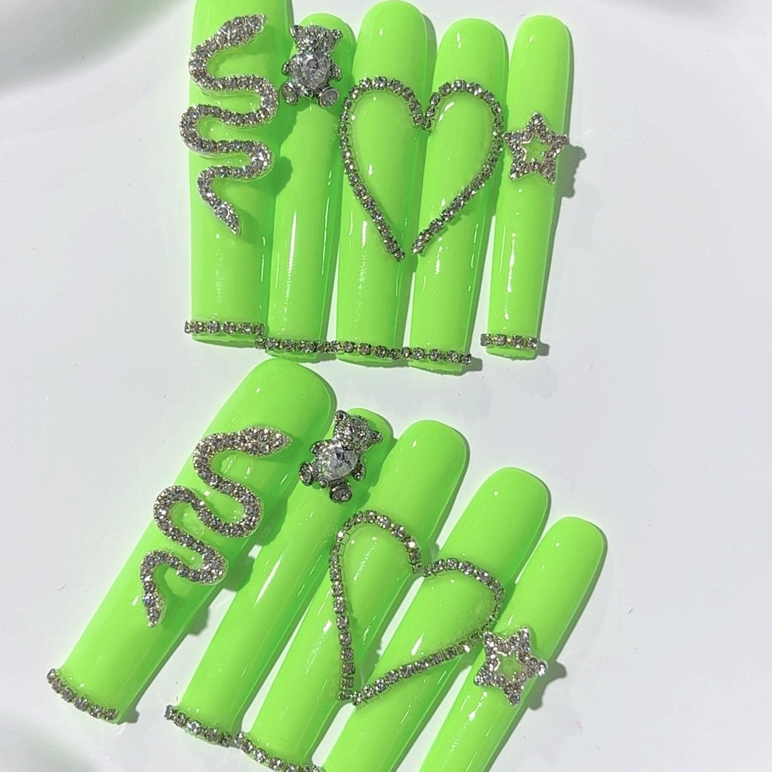 Neon Green Crystal Heart Statement Press On Nails
