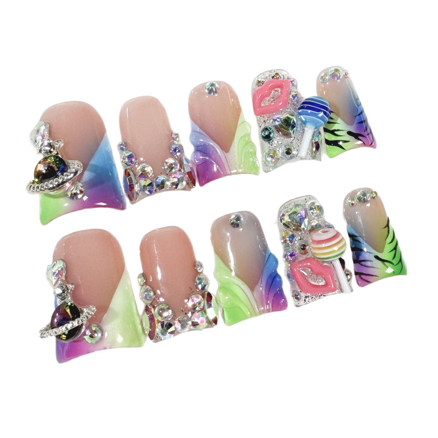 Unhas de bico de pato transparentes francesas multicoloridas, mudança gradual, flash, vestindo armadura pura artesanal, atacado de fábrica｜365nails