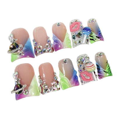 Unhas de bico de pato transparentes francesas multicoloridas, mudança gradual, flash, vestindo armadura pura artesanal, atacado de fábrica｜365nails