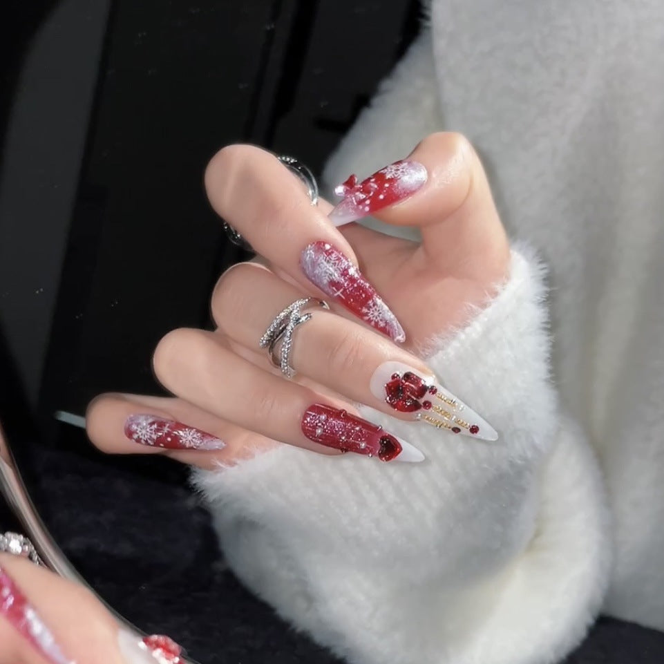 Red Christmas Press‑On Nails – Long Snowflake & Gem Luxury Design