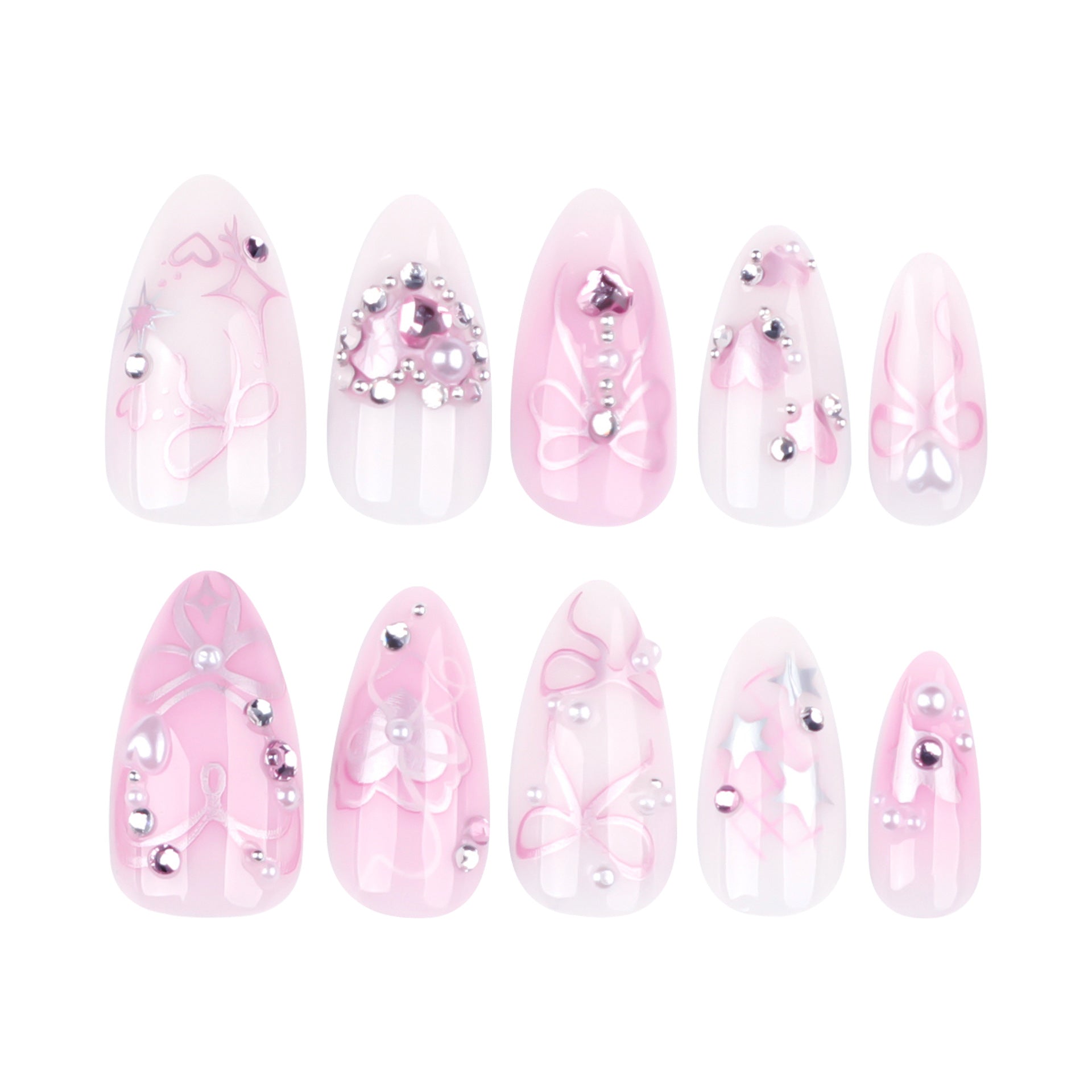 愛心蝴蝶結美甲 閃亮水鑽杏仁形成品穿戴甲 批發｜365nails