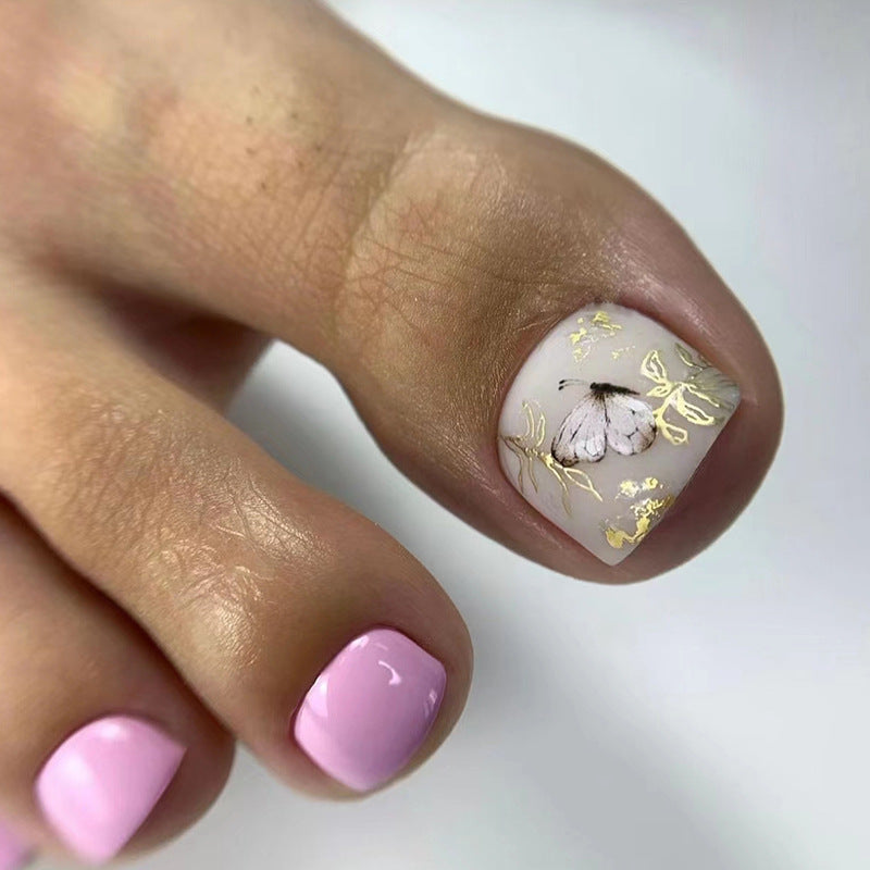 Unhas postiças de borboleta com flor e folha de ouro, cor sólida, rosa, para meninas, unhas postiças, estilo vento, unhas postiças, 365nails