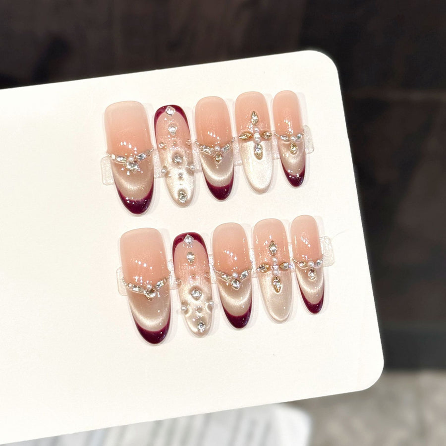 365nails: "Crimson Velvet" – Crystal French Tip Handmade Almond Nails