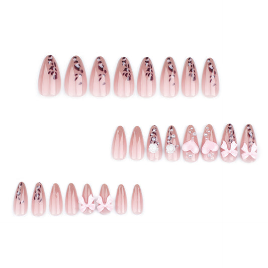 3D girl pink bow love  pearl leopard print manicure fake nail three-dimensional camellia nail piece｜365nails