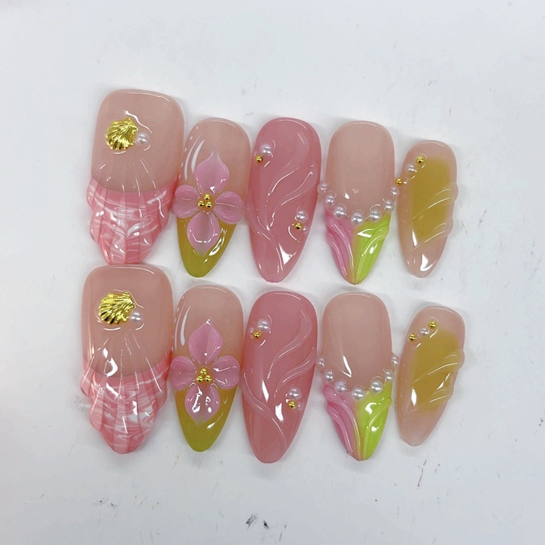 Mermaid Shell Floral: "Pink & Pearl" – Almond Press-On Nails
