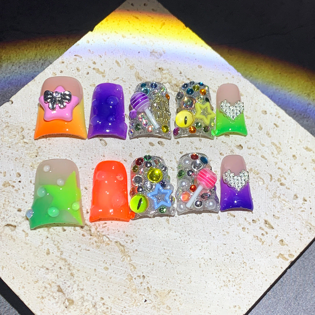 Neon Candy Star Crystal Short Press On Nails