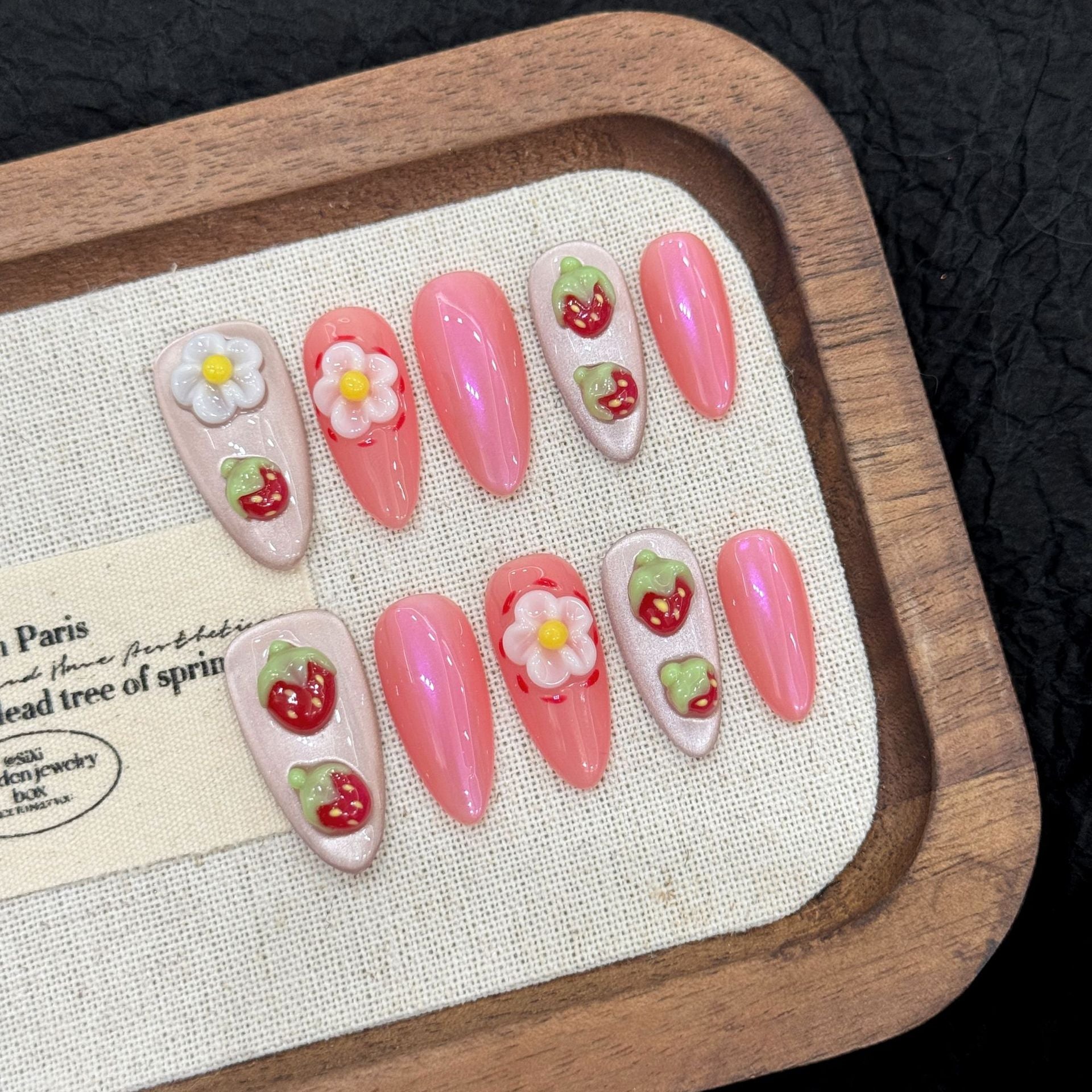 365nails: "Strawberry Fields" – 3D Fruit & Floral Handmade Long Almond Nails