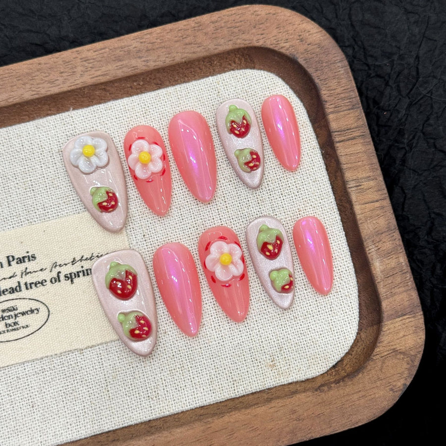 365nails: "Strawberry Fields" – 3D Fruit & Floral Handmade Long Almond Nails