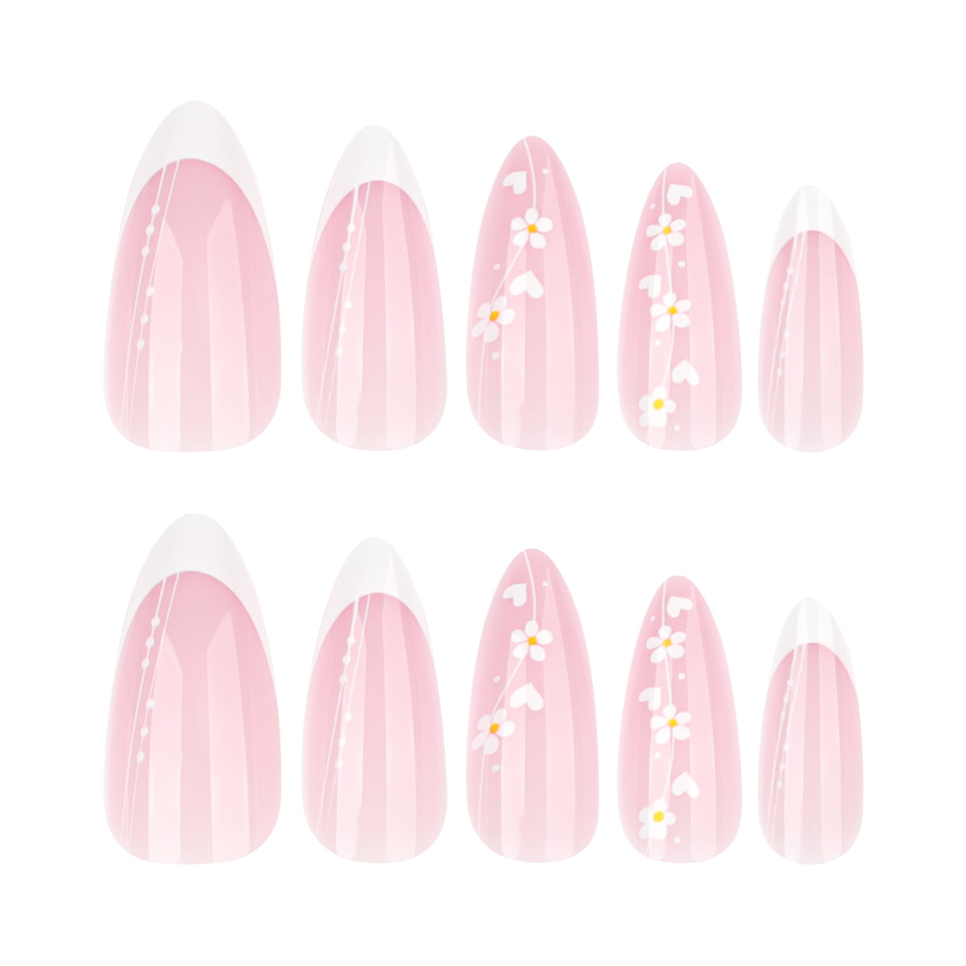 Película para unhas postiças curtas amendoadas, simples e frescas, com estampa de flores, francesas brancas, curtas, para pressão｜365nails