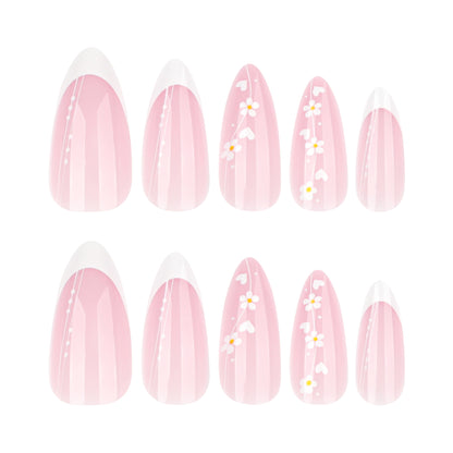Simple and fresh flower nail art film Short almond nail fake nail French white short press-on nails film｜365nails