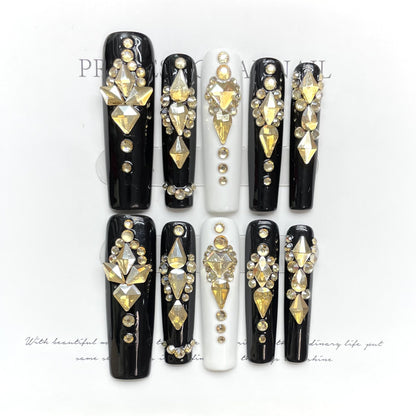 Handmade Phototherapy Wearing White Pure Black Queen Scepter Lady Sense handmade press on nails Art Black Temperament | 365nails