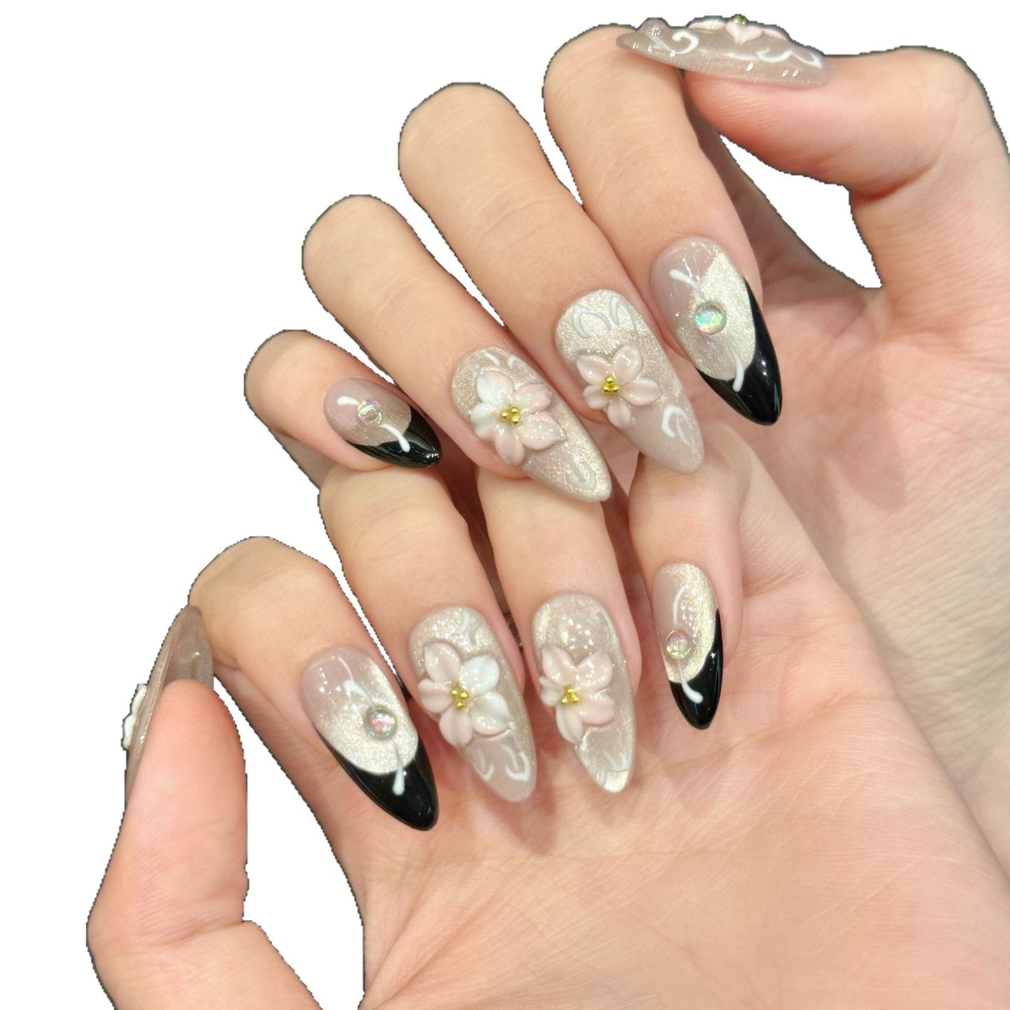 Pink Handmade Carved press on nails Simple and Delicate cat eye French Almond | 365nails