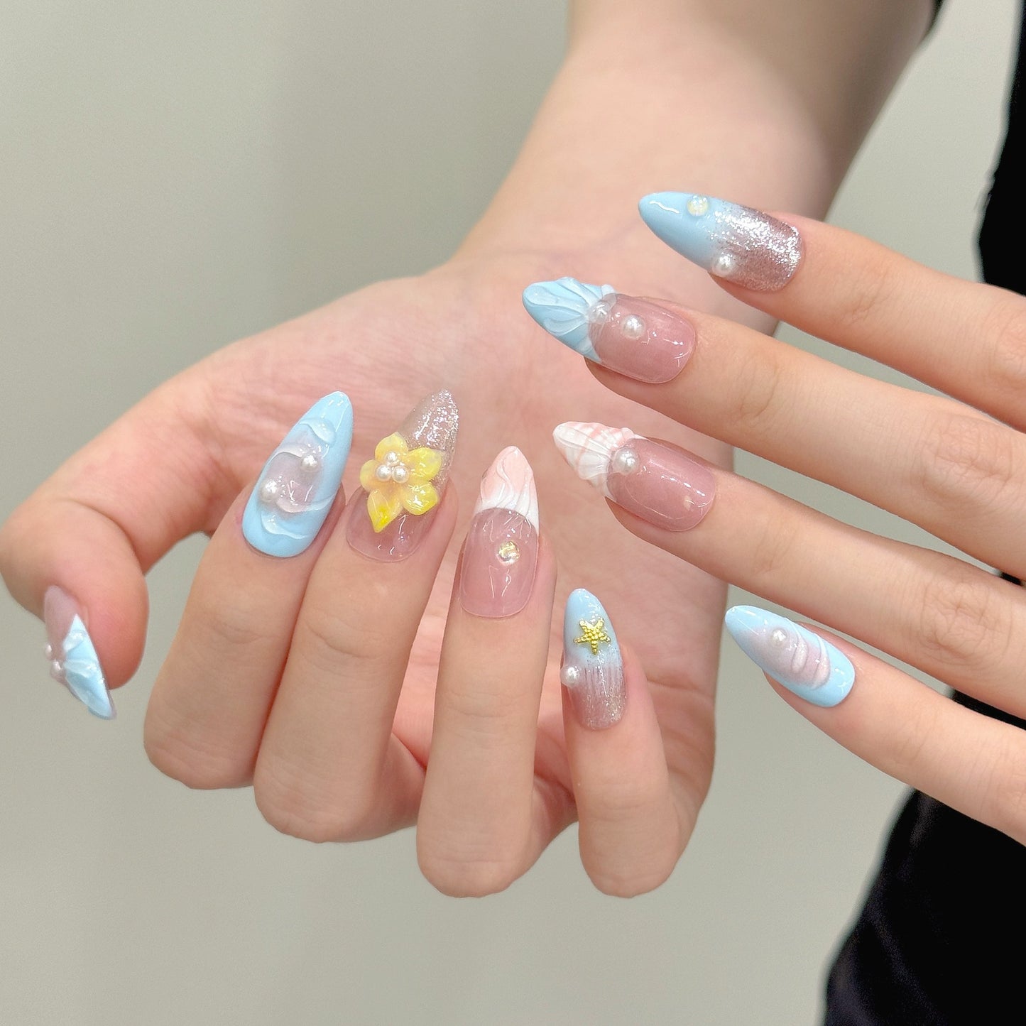 Blue Pearl Floral Beachy Summer Nails