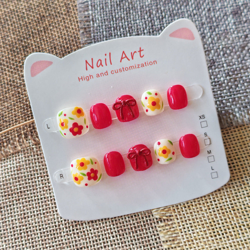 365nails: "retro red floral" – unhas postiças redondas curtas artesanais infantis
