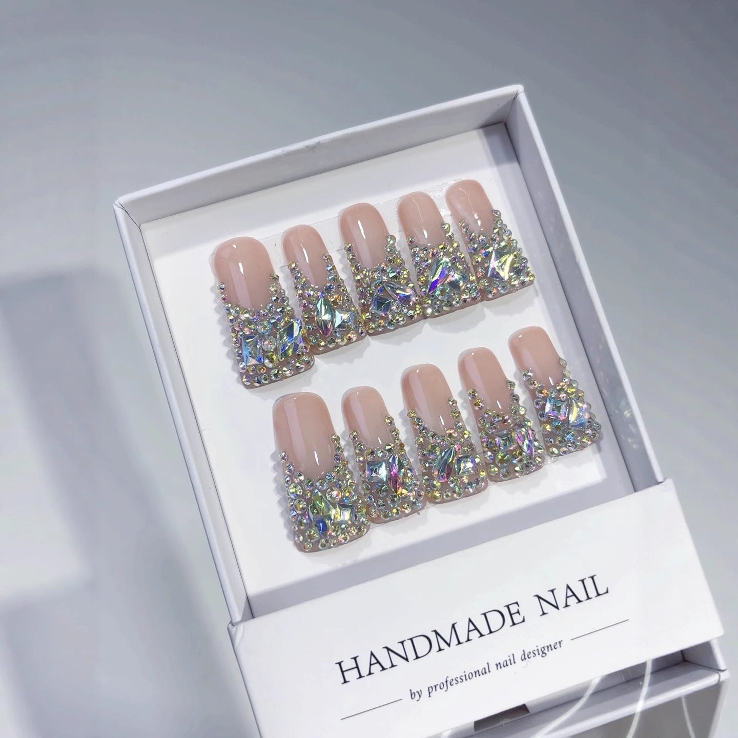 Stardust Glow: "Crystal Cascade" – Square Shape Handmade Press-On Nails