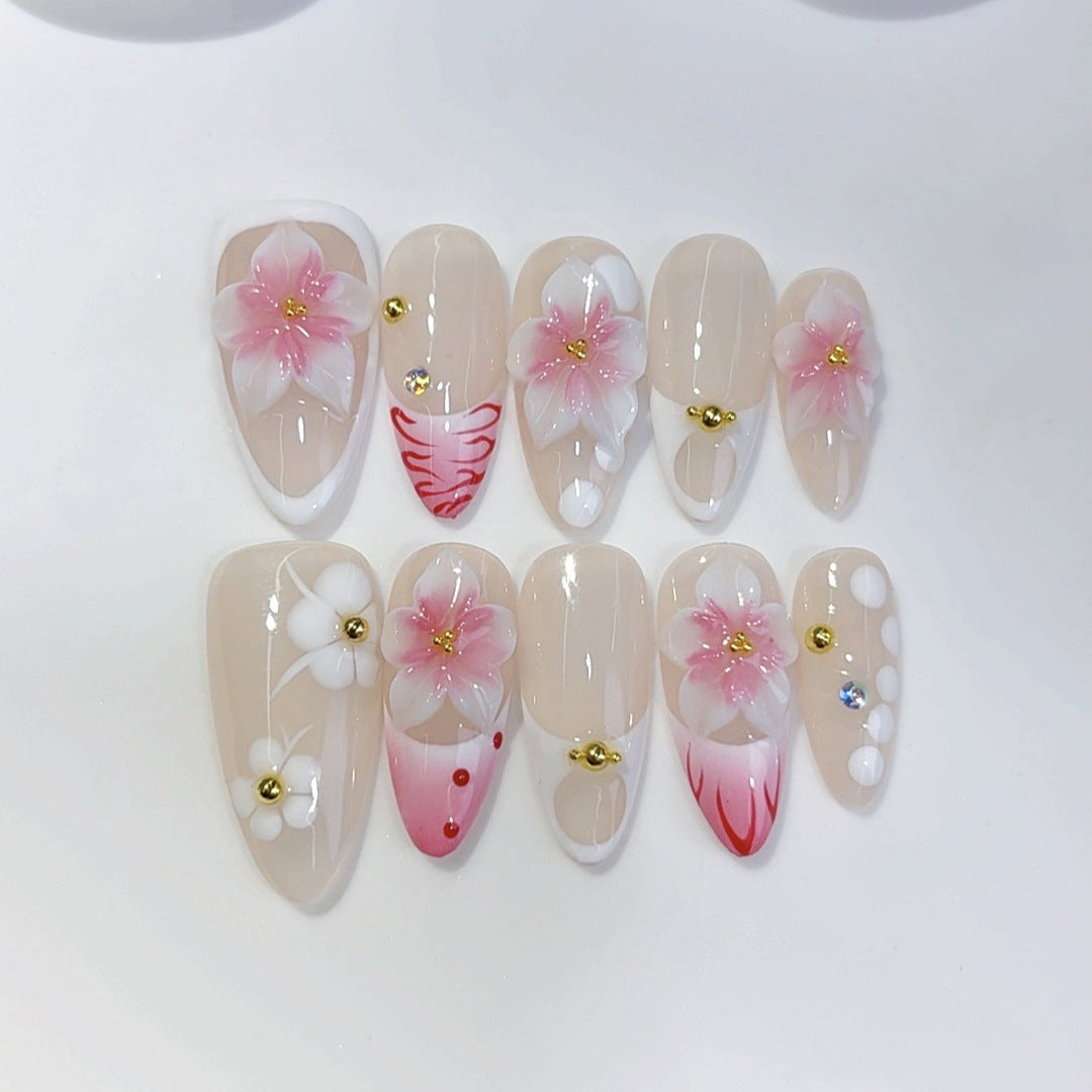 Éclosion Sakura : « Grâce Florale 3D » – Ongles press-on forme amande
