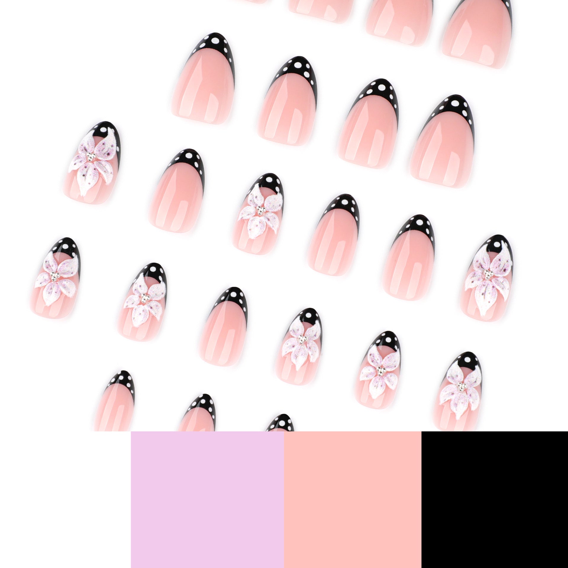 法式黑色穿戴甲搭配3D立體花朵
