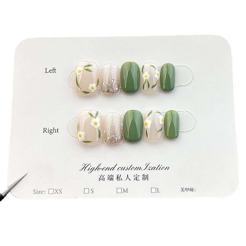 365nails Whimsy: "Emerald Meadow" – Short Square Green & Floral Press On Nails 24pcs